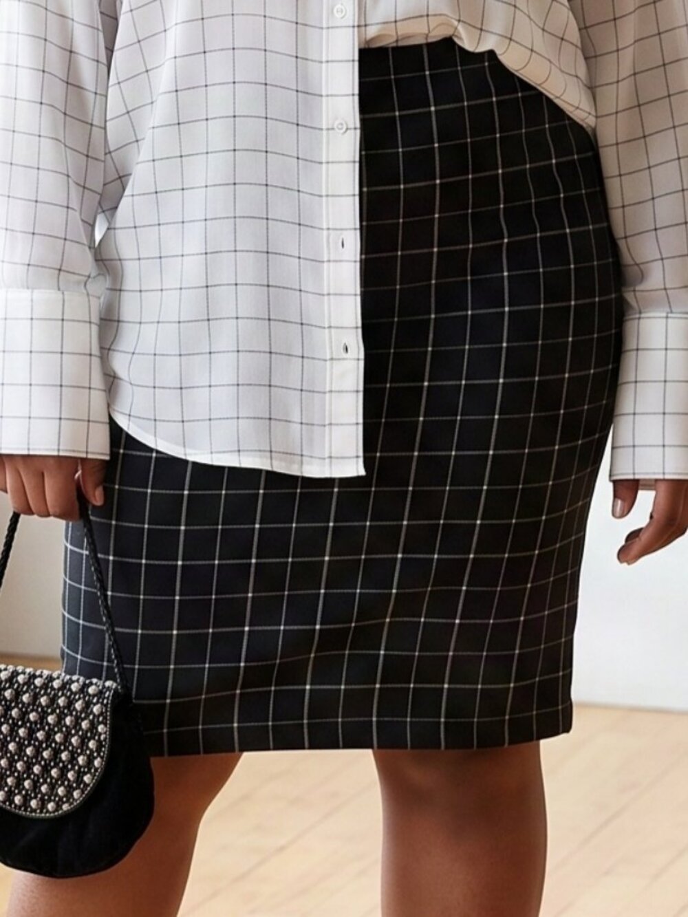 Black Windowpane Check Pencil Skirt